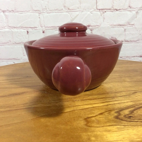 Vintage Bauer Ringware Cranberry Ceramic Soup Chowder Chili Handled Crock Bowl - Picture 4 of 9
